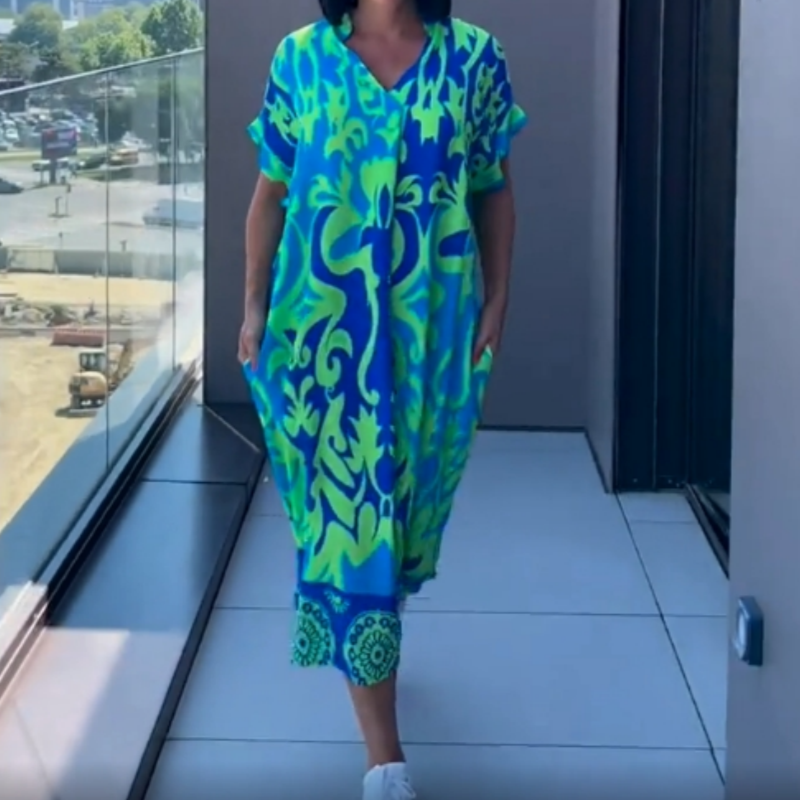 đżNĆi alkalmi elegĂĄns elegĂĄns nyomtatott V-nyakĂș ruha