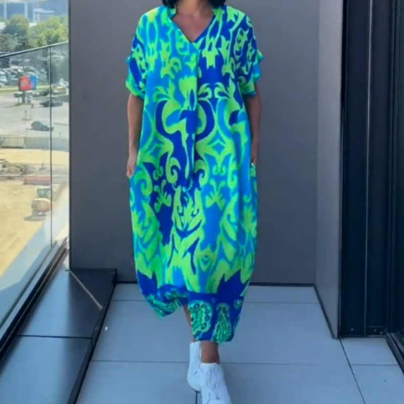 đżNĆi alkalmi elegĂĄns elegĂĄns nyomtatott V-nyakĂș ruha