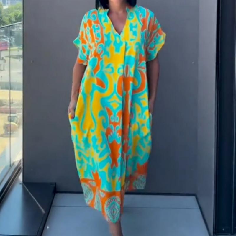 đżNĆi alkalmi elegĂĄns elegĂĄns nyomtatott V-nyakĂș ruha