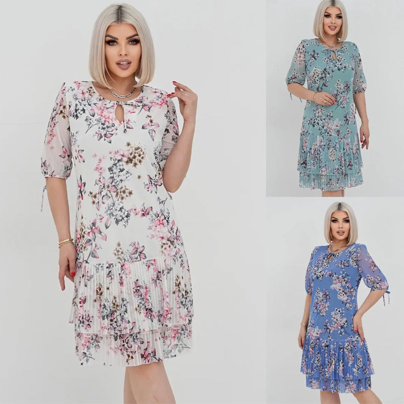 đčElegĂĄns sifon hosszĂș pliszĂrozott ruha rövid ujjakkal