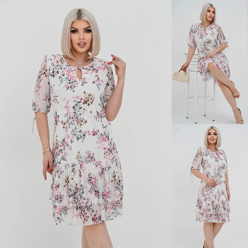 đčElegĂĄns sifon hosszĂș pliszĂrozott ruha rövid ujjakkal