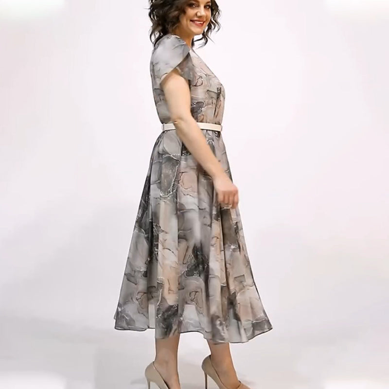 đNĆi ElegĂĄns kerek nyakĂș rövid ujjĂș Midi ruha