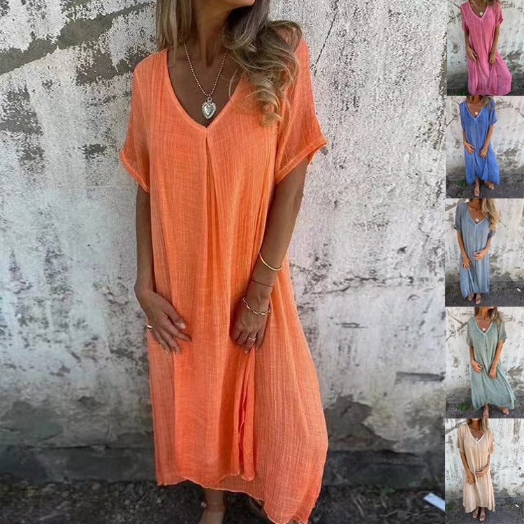 💖 UTOLSÓ NAPI PROMÓCIÓ - 50% KEDVEZMÉNY 💖Női laza V-nyakú pamut-len ruha