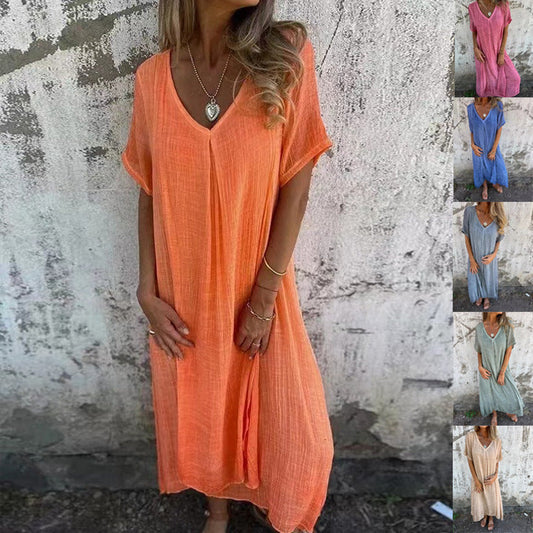 💖 UTOLSÓ NAPI PROMÓCIÓ - 50% KEDVEZMÉNY 💖Női laza V-nyakú pamut-len ruha