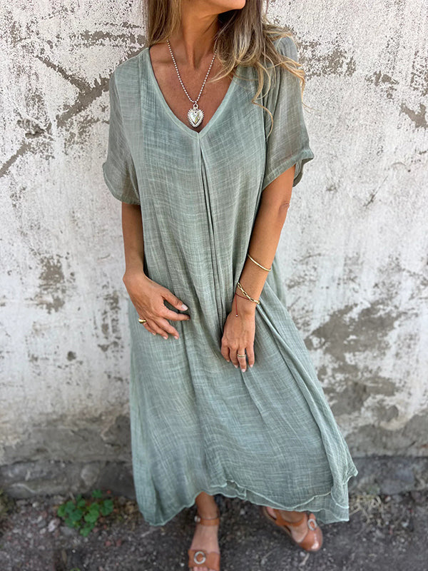 💖 UTOLSÓ NAPI PROMÓCIÓ - 50% KEDVEZMÉNY 💖Női laza V-nyakú pamut-len ruha
