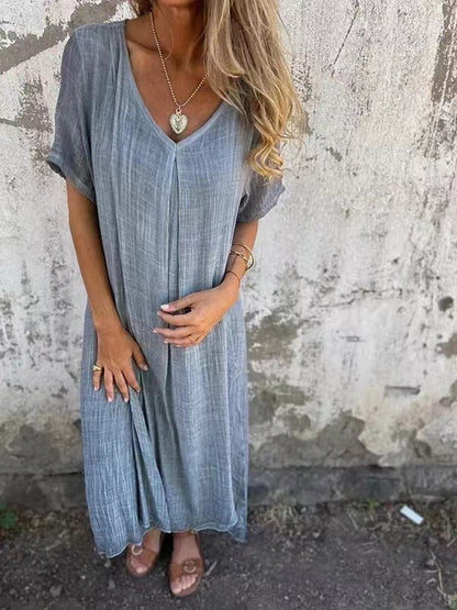💖 UTOLSÓ NAPI PROMÓCIÓ - 50% KEDVEZMÉNY 💖Női laza V-nyakú pamut-len ruha