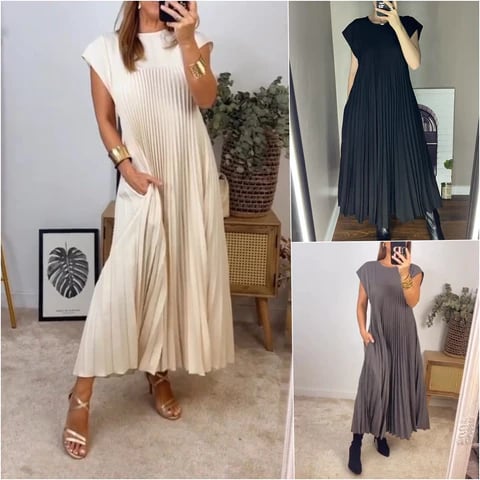 【M-3XL】2025💕Női pliszírozott ruha egyszínűben👗