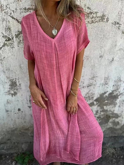 💖 UTOLSÓ NAPI PROMÓCIÓ - 50% KEDVEZMÉNY 💖Női laza V-nyakú pamut-len ruha