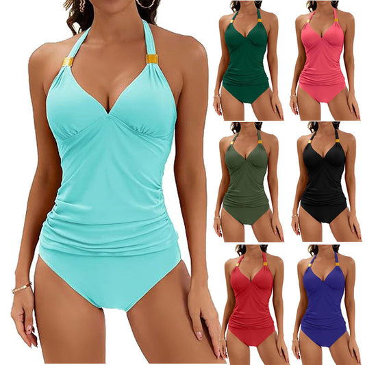 🥰Boldog ünnepeket - 👙 Szexi női halterneck fürdőruha redőkkel