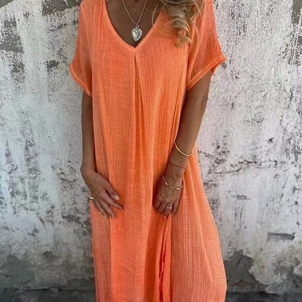 💖 UTOLSÓ NAPI PROMÓCIÓ - 50% KEDVEZMÉNY 💖Női laza V-nyakú pamut-len ruha
