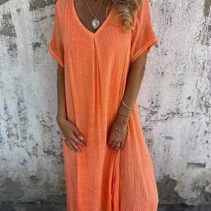 💖 UTOLSÓ NAPI PROMÓCIÓ - 50% KEDVEZMÉNY 💖Női laza V-nyakú pamut-len ruha