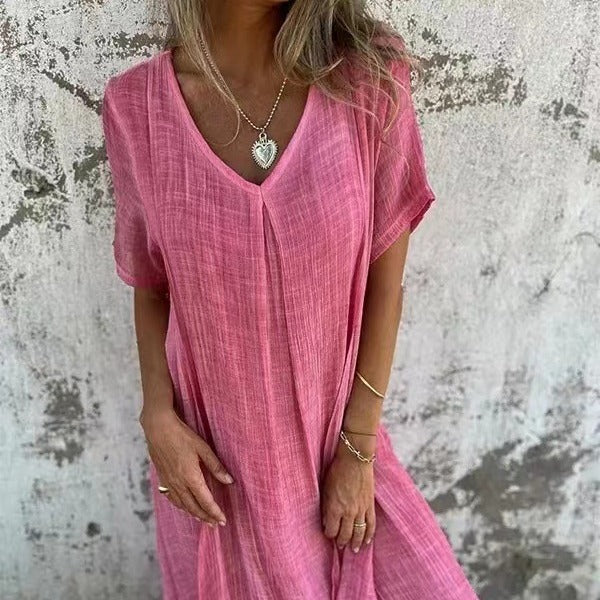 💖 UTOLSÓ NAPI PROMÓCIÓ - 50% KEDVEZMÉNY 💖Női laza V-nyakú pamut-len ruha