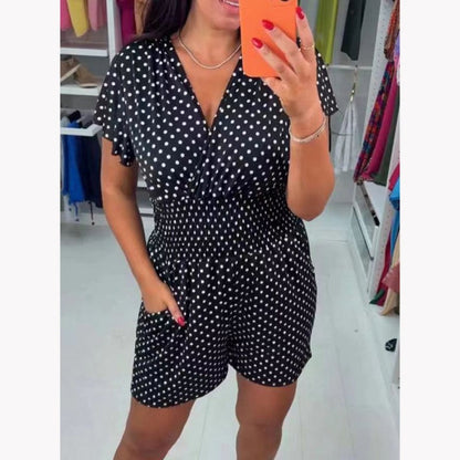 💕Polka Dot V-nyakú egyrészes rövidnadrág Jumpsuit