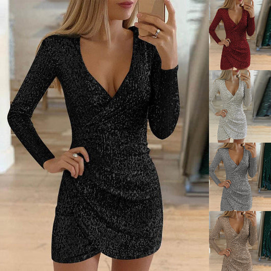 Női szikrázó flitteres V-nyakú bodycon ruha