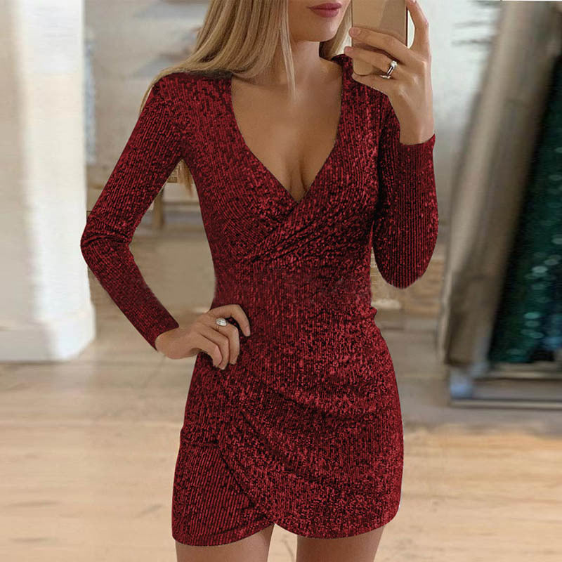 Női szikrázó flitteres V-nyakú bodycon ruha