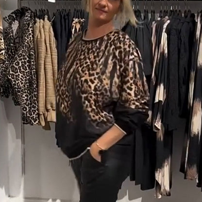 ✨LEOPÁRD NYOMTATÁS LAZA KEREK NYAKÚ ALKALMI FELSŐ