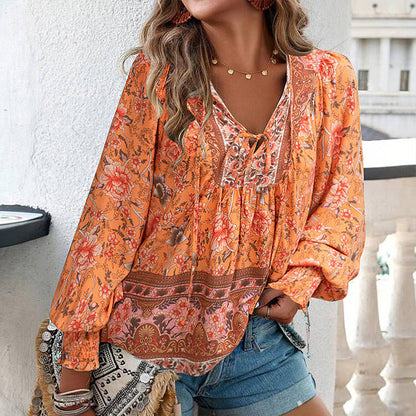 【S-2XL】🌺Női divatos, hosszú ujjú, nyomtatott V-nyakú ing