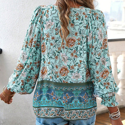 【S-2XL】🌺Női divatos, hosszú ujjú, nyomtatott V-nyakú ing