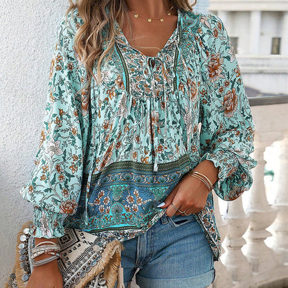 【S-2XL】🌺Női divatos, hosszú ujjú, nyomtatott V-nyakú ing