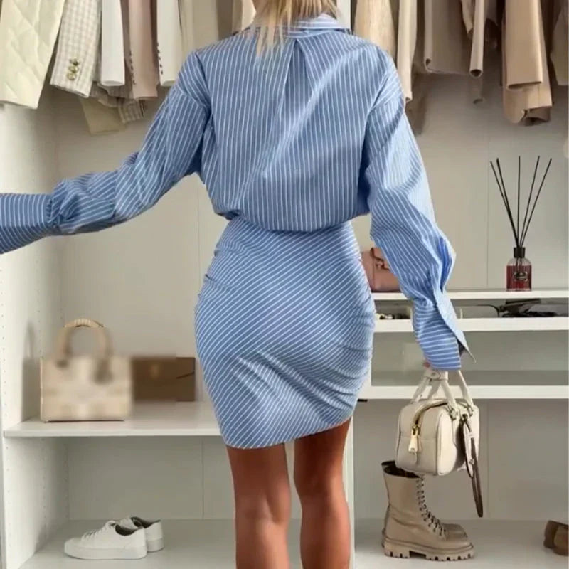 💖💖Lapel hosszú ujjú csíkos ing ruha💖💖