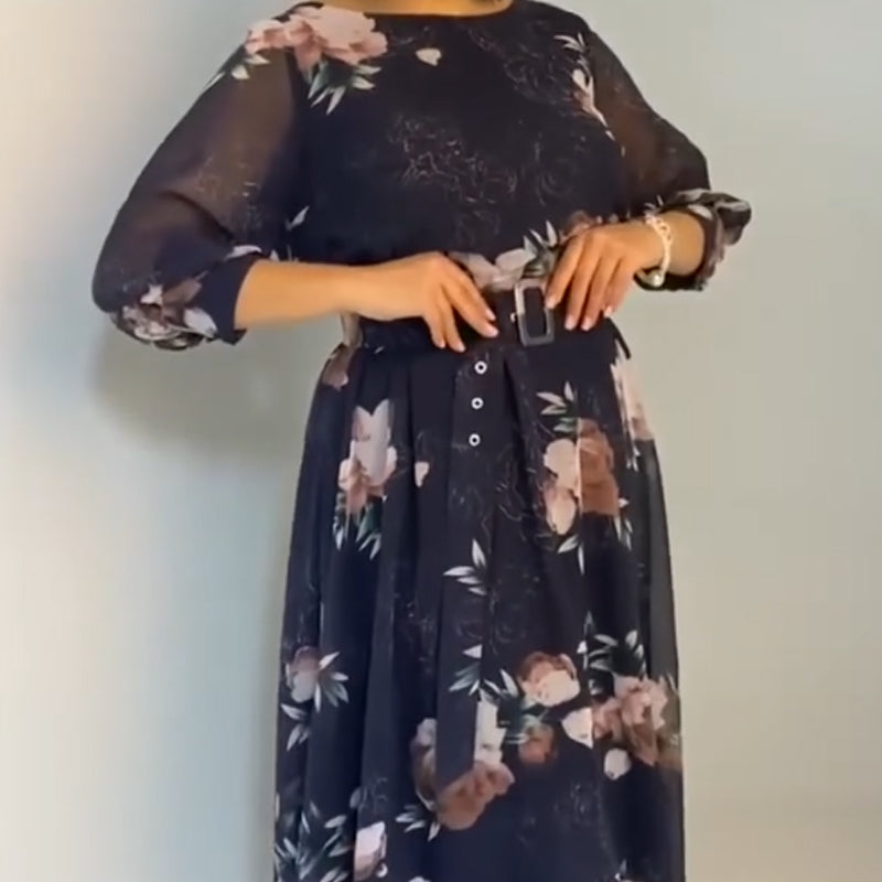 【S-4XL】🌺Kerek nyakú virágos Flowy ruha övvel