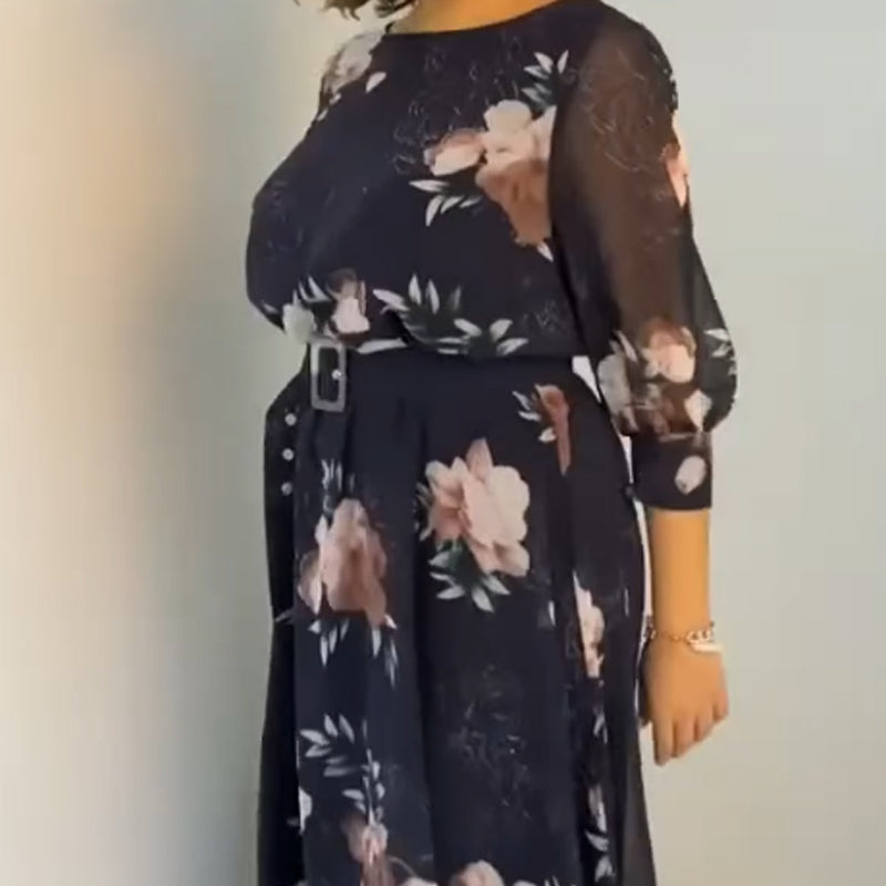 【S-4XL】🌺Kerek nyakú virágos Flowy ruha övvel