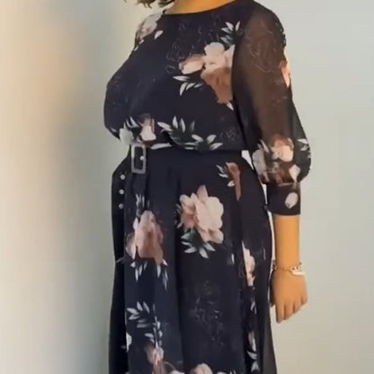 【S-4XL】🌺Kerek nyakú virágos Flowy ruha övvel