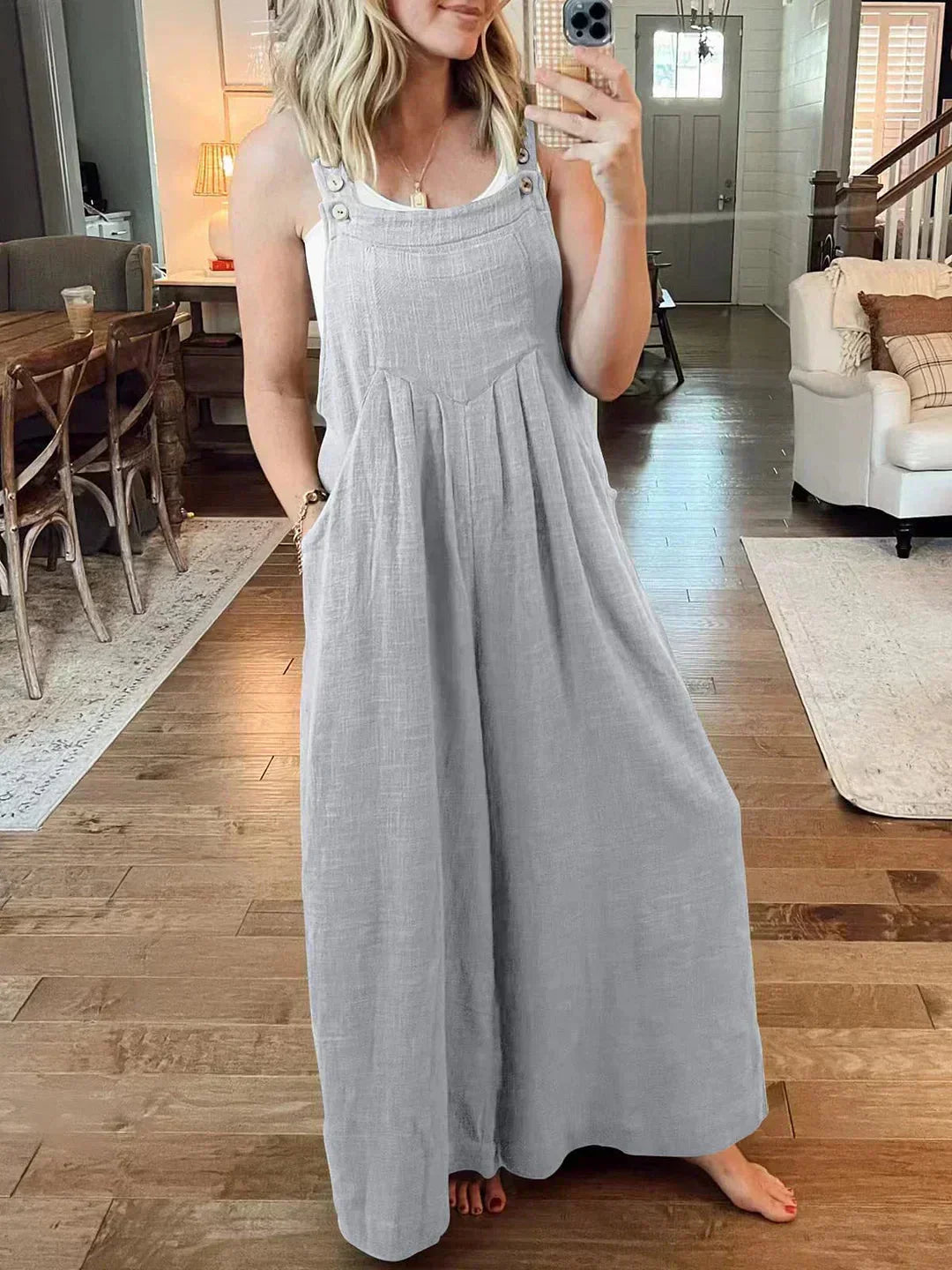 【S-5XL】🌷Női ujjatlan széles szabású zsebes kezeslábas