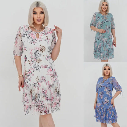 🌹Elegáns sifon hosszú pliszírozott ruha rövid ujjakkal