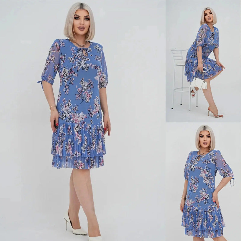 🌹Elegáns sifon hosszú pliszírozott ruha rövid ujjakkal