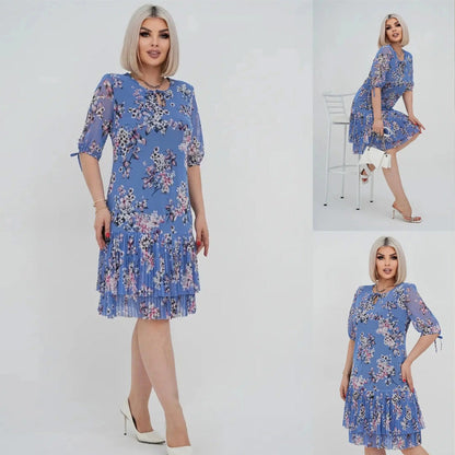 🌹Elegáns sifon hosszú pliszírozott ruha rövid ujjakkal