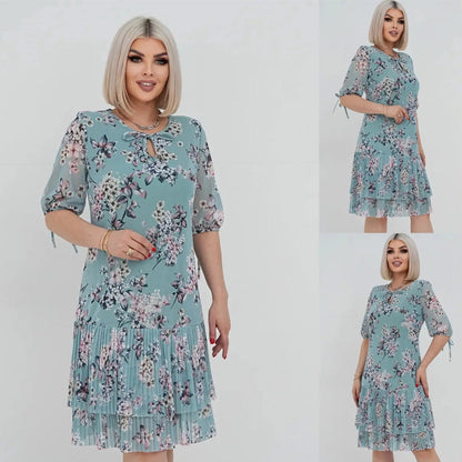 🌹Elegáns sifon hosszú pliszírozott ruha rövid ujjakkal