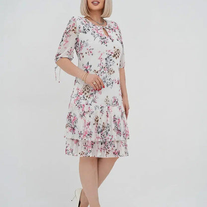 🌹Elegáns sifon hosszú pliszírozott ruha rövid ujjakkal