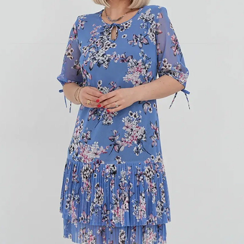 🌹Elegáns sifon hosszú pliszírozott ruha rövid ujjakkal