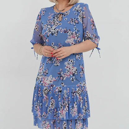 🌹Elegáns sifon hosszú pliszírozott ruha rövid ujjakkal