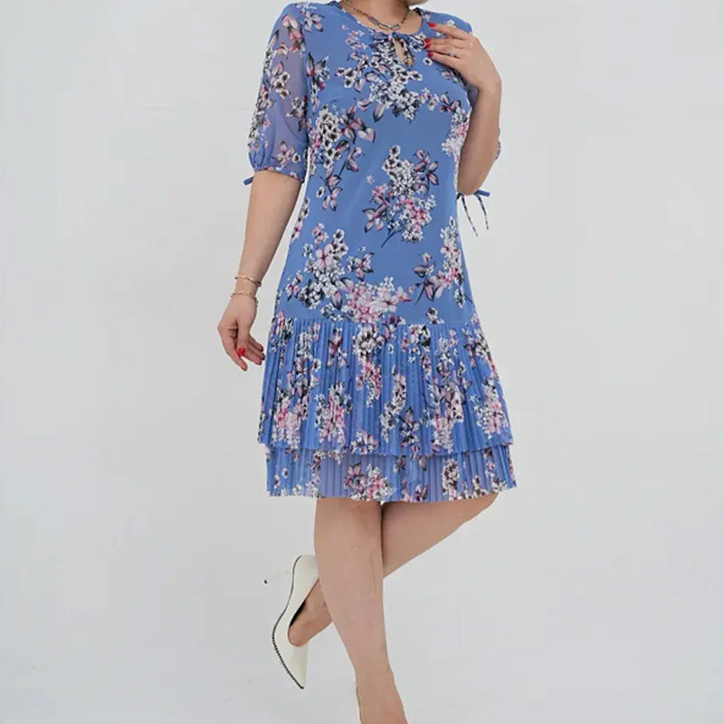 🌹Elegáns sifon hosszú pliszírozott ruha rövid ujjakkal