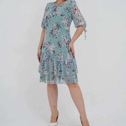 🌹Elegáns sifon hosszú pliszírozott ruha rövid ujjakkal