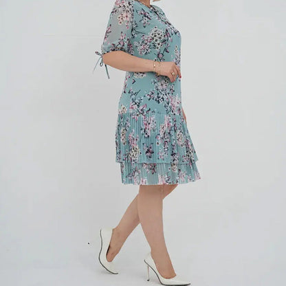 🌹Elegáns sifon hosszú pliszírozott ruha rövid ujjakkal