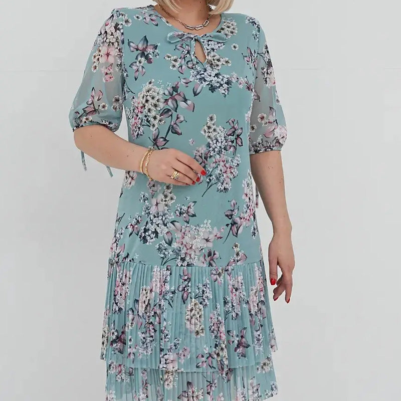 🌹Elegáns sifon hosszú pliszírozott ruha rövid ujjakkal