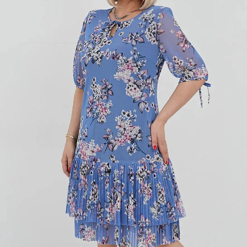 🌹Elegáns sifon hosszú pliszírozott ruha rövid ujjakkal
