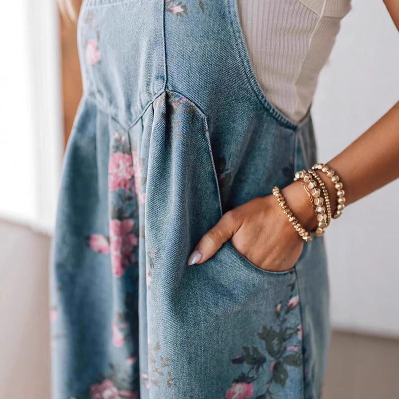 💖UTOLSÓ NAPI PROMÓCIÓ - 50% KEDVEZMÉNY💖Vintage virágos nyomtatott farmer jumpsuit