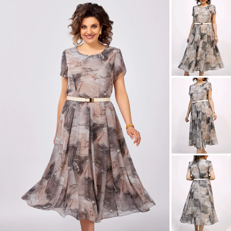 👗Női Elegáns kerek nyakú rövid ujjú Midi ruha