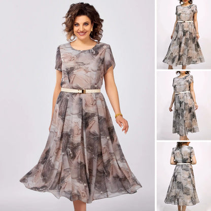 👗Női Elegáns kerek nyakú rövid ujjú Midi ruha