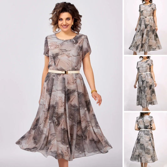 👗Női Elegáns kerek nyakú rövid ujjú Midi ruha