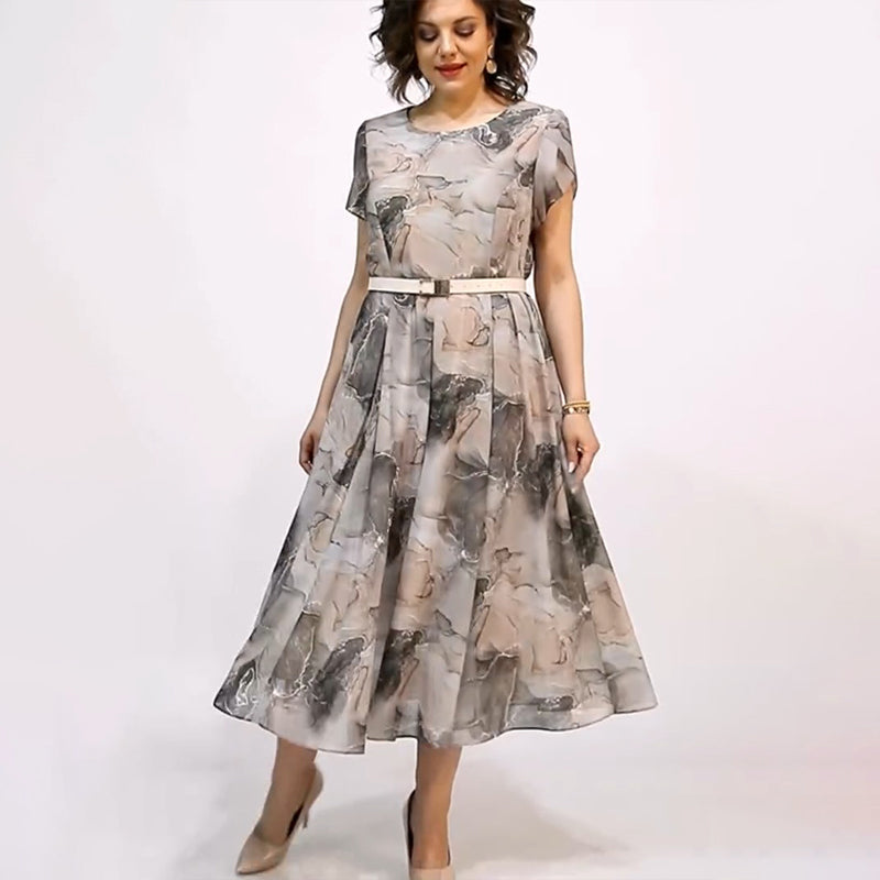 👗Női Elegáns kerek nyakú rövid ujjú Midi ruha
