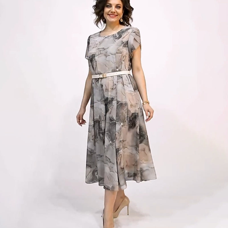👗Női Elegáns kerek nyakú rövid ujjú Midi ruha