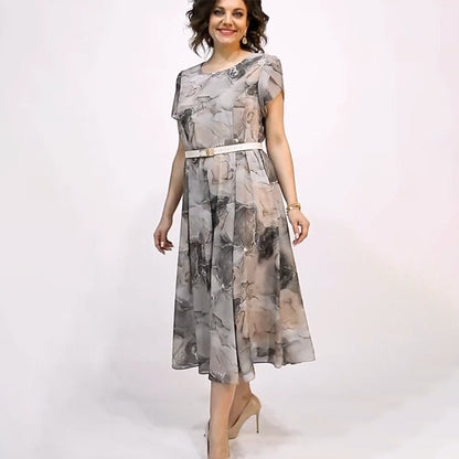 👗Női Elegáns kerek nyakú rövid ujjú Midi ruha