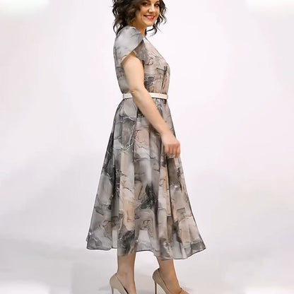 👗Női Elegáns kerek nyakú rövid ujjú Midi ruha