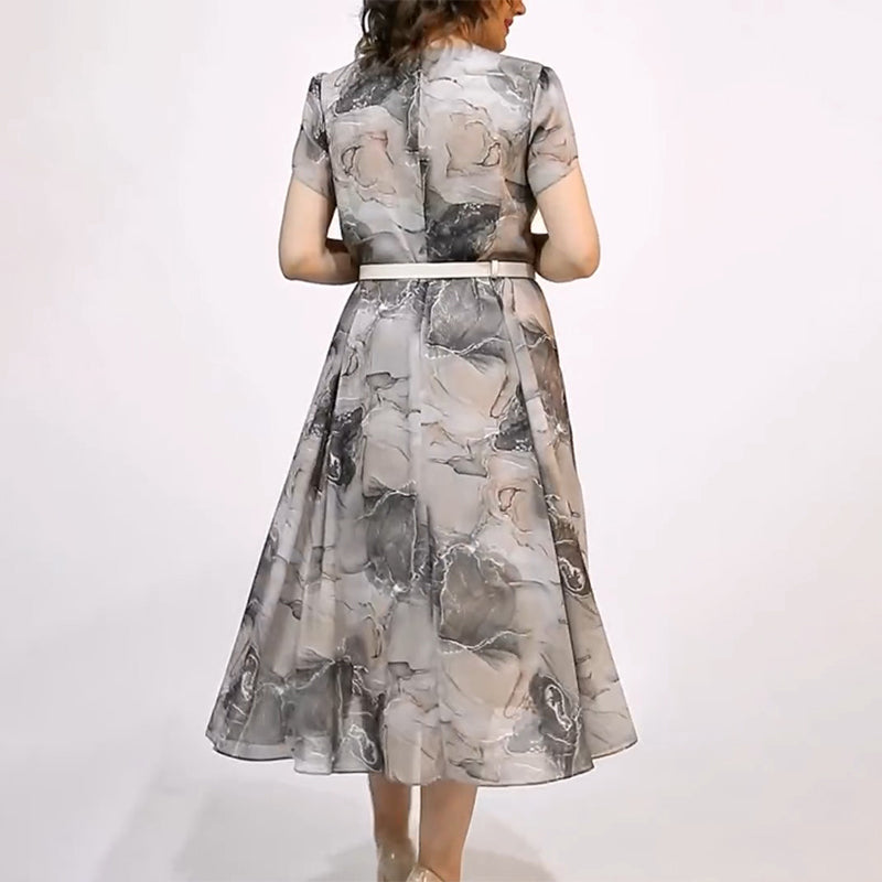 👗Női Elegáns kerek nyakú rövid ujjú Midi ruha