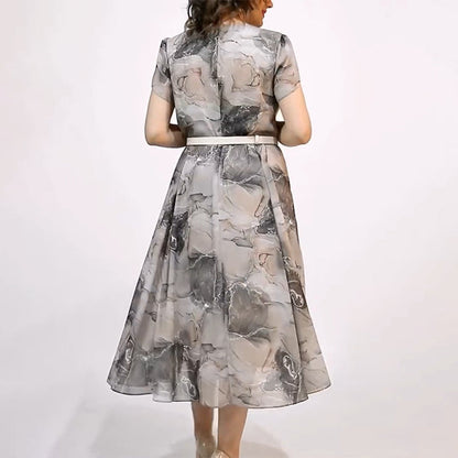 👗Női Elegáns kerek nyakú rövid ujjú Midi ruha